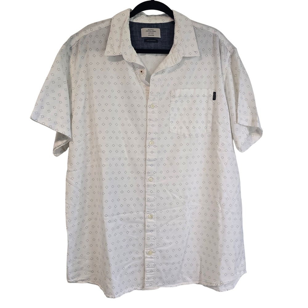 Jack & Jones Originals Mens XXL White Navy Blue Diamond Print Short Sleeve Shirt